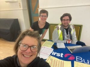 Green Party councillors Wright and Heijltjes talking buses