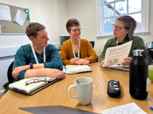 BaNES Green Party councillors discussing consultations in Green Group office at the Guildhall