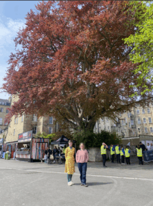 Green Councillors Saskia and Joanna with the copper beech tree